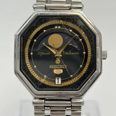 Seiko 5 Moon Phase Lunar Calendar 6347 5000 Automatic Rare Japan Working - image 1 of 4