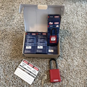 Lot of 6 Abus 74/40 Red Lockout Tag Out LOTO Padlock With Key & labels.  - Picture 1 of 5