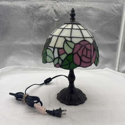 "Lámpara de mesa vintage estilo vitral Tiffany floral rosa verde 13"" funciona" Foto 1 de 4