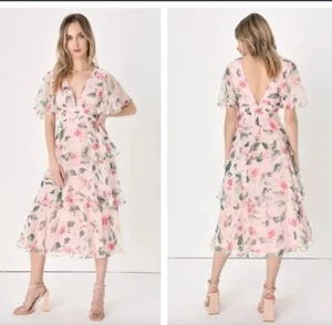 Lulus NWT Marvelous Charm Blush Floral Flutter Sleeve Tiered Midi Dress Sz M - Picture 1 of 10