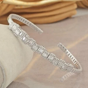 1.25 Ct Baguette Lab Grown CVD Diamond Cuff Bangle Bracelet 14k White Solid Gold - Picture 1 of 8