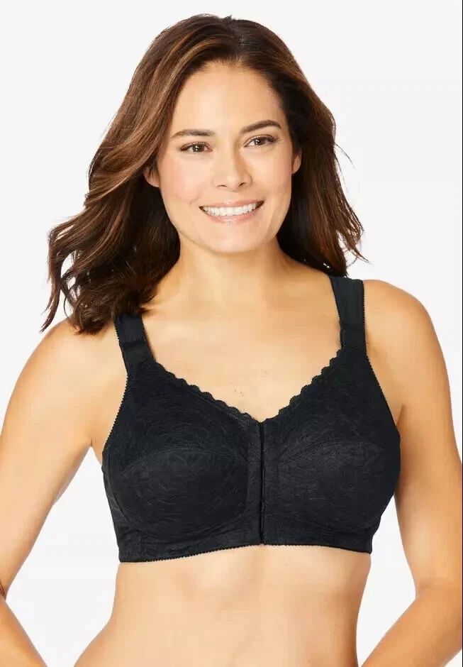 COMFORT CHOICE WOMENS PLUS SIZE COTTON FRONT - CLOSE WIRELESS BLACK BRA - Image 1 of 1