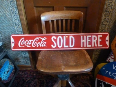 Coca-Cola Street Sign Sold Here Red Embossed Steel Retro Coke - Image 1 of 2