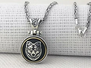 Gray Wolf Pendant 925 Sterling Silver Necklace with Rotating Center, chain # 438 - Picture 1 of 1
