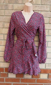 MISSGUIDED BLACK RED ROSE FLORAL PUFF LONG SLEEVE WRAP SKATER A LINE DRESS 4 - Picture 1 of 9