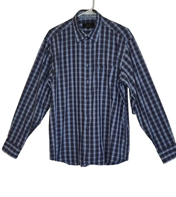 Polifroni Milano Blue Plaid Shirt w/ Brocade Fabric inside Collar. Men's SIZE L - Image 1 of 4
