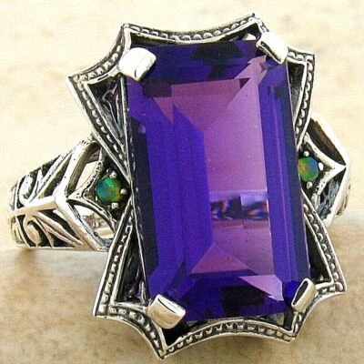 ANILLO DE AMATISTA Y ÓPALO ESTILO ANTIGUO DE PLATA DE LEY 925 DE 6 QUILATES CREADO EN LABORATORIO 490X Foto 1 de 3