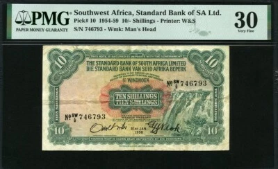Southwest Africa 1954-1959 10 Shillings, P10 PMG 30 VF - Image 1 of 2