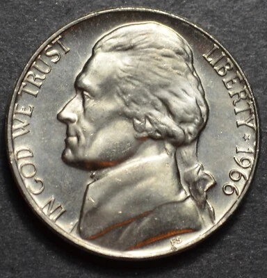 1966 P UNCIRCULATED JEFFERSON NICKEL FROM A SEALED BANK ROLL BUSINESS STRIKE #38 - Image 1 of 2