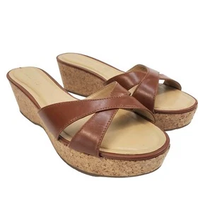 Talbots Size 10.5 M Women's Leather Slide Wedge Sandal Shoes Cork Heels Brown - Picture 1 of 10