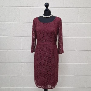 Jaeger Pencil Dress UK 12 Burgundy Lace 3/4 Sleeves Career Wedding Formal - Picture 1 of 11