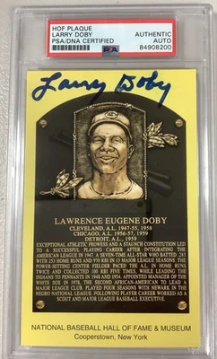 Larry Doby Signed Gold Plaque HOF Postcard Yellow Indians Autograph PSA/DNA - Image 1 of 3