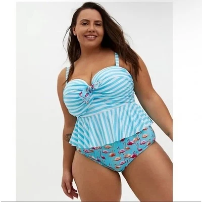 Tankini de natación a rayas azul y blanco tórrido, talla 1-D/DD, para mujer Plus Foto 1 de 4
