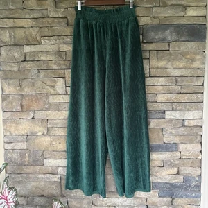 Green Velvet Wide Leg Pants Womens Large Lounge Boho Stretch High Waist New In - Picture 1 of 5