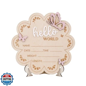 Wooden Baby Announcement Sign, 7x6.81in Butterfly Hello World Newborn Sign Ba - Picture 1 of 5