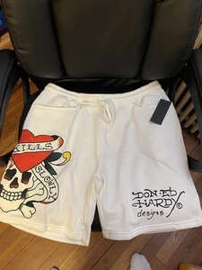 Pantalones Cortos Ed Hardy Polar Para Hombre Grandes "Love Kills Slowly" Calavera Gráfico Estampado Marfil - Imagen 1 de 6