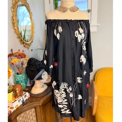 Yoana Baraschi Black Off Shoulder 100% Silk Embroidered Floral Tunic Dress M - Image 1 of 4
