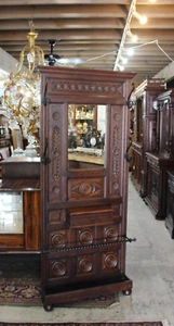 French Antique Oak Renaissance Hall Tree | Carved Coat Rack Stand w/ Mirror - Picture 1 of 19