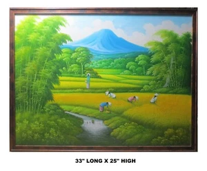 LOWEST PRICE! LARGE SIZE "BALI FOLK ART" PAINTING on CANVAS, WOOD FRAME 33"x25" - Picture 1 of 15