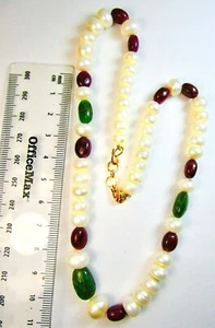 Beautiful Fresh Water Pearl Necklace, with Ruby & Emerald Beads - Picture 1 of 5