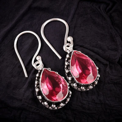Pink Tourmaline Gemstone Dangle Earring 925 Sterling Silver Handmad Jewelry Gift - Image 1 of 3