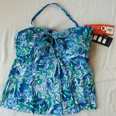 Fit 4u tankini top women convertible tie blue floral Sz#16 New - Image 1 of 4