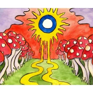 Mushroom Psychedelic Yellow Trippy Road Tapestry 6.5 ft x 5 ft Wall Hanging - Picture 1 of 3