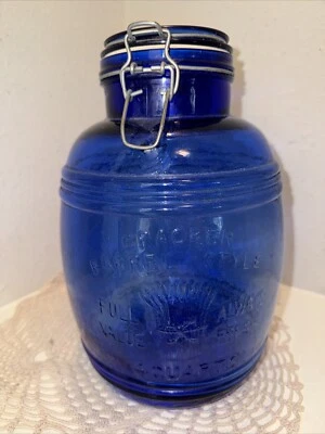 "Frasco de vidrio estilo barril galleta azul cobalto de 10,5"" 4 cuartos defectuoso" Foto 1 de 4