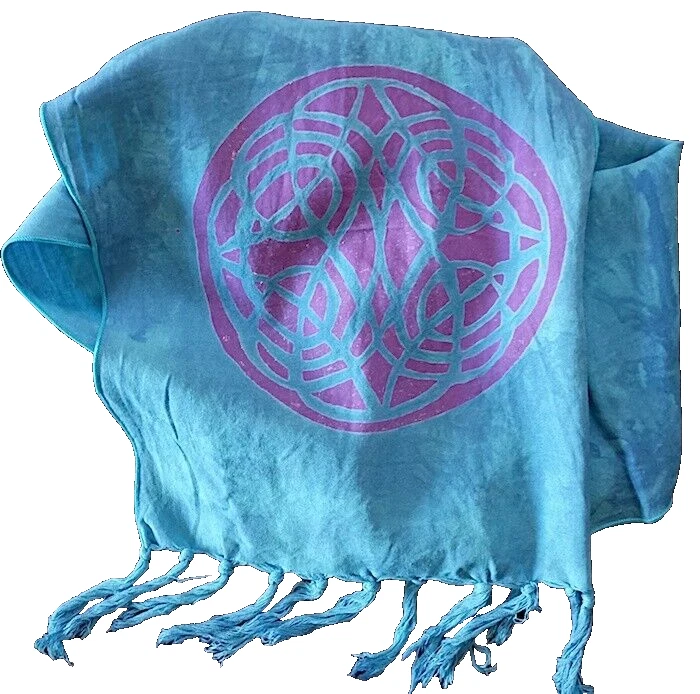 Batik Scarf, Rayon - One Celtic Symbol on Turquoise Tie Dye, 10" by 60", Fringed - Image 1 of 1