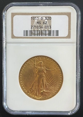 1911-D $20 Gold Saint Gaudens Double Eagle, NGC MS-62, Nice Uncirculated Coin Cover