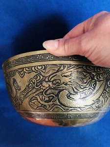 ANTQ Stunning Brass Chinese Dragon/Phoenix Bowl/Stamped (Large) (I.80/MC) - Picture 1 of 12