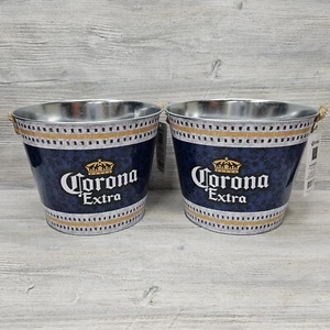 Lot Of 2 Corona Extra Tin Beer Bucket Rope Handle Man Cave Bar Round Metal Party - Picture 1 of 12