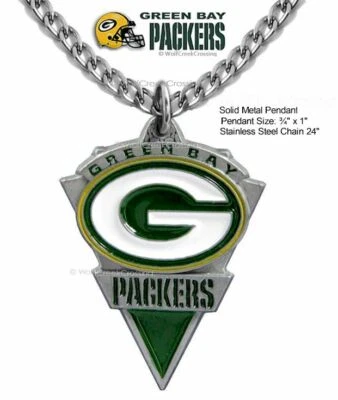 GREEN BAY PACKERS NECKLACE Stainless Steel Chain NFL Football ¾" x 1" Metal Logo - Image 1 of 4