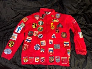 Montgomery Ward Red Windbreaker Jacket With 80+ Patches World, Military,NASA,+👀 - Picture 1 of 23