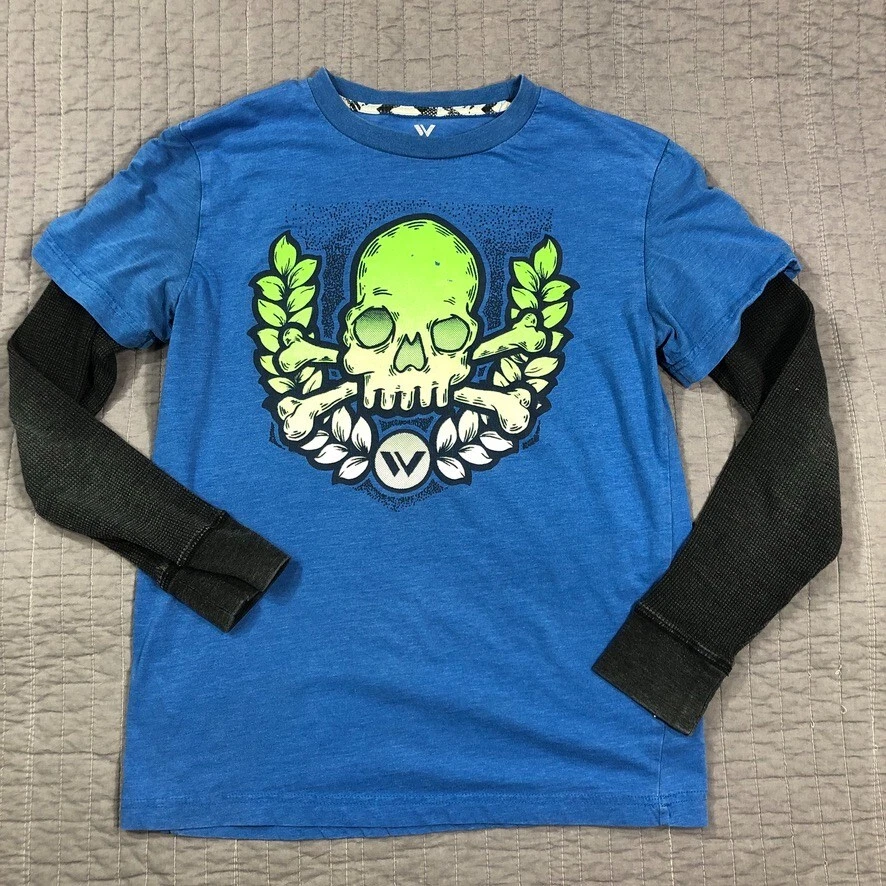 Camiseta Shaun Blanca Niño Grande Azul Calavera Huesos Cruzados Gráfico Mangas Térmicas Foto 1 de 4