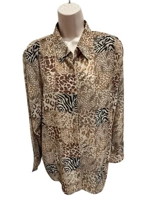 Camisa Bon Worth para mujer talla L estampado animal retazos abotonados manga corta Foto 1 de 4