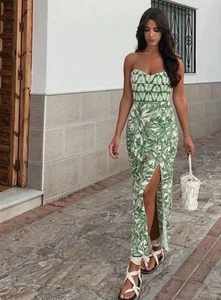 ZARA STRAPLESS PRINTED DRESS Summer TROPICAL MIDI Small Blogger Linen Sold Out - Picture 1 of 24