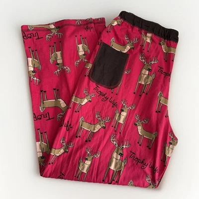 Lazy One Trophy Wife Deer Print Pajama Pants Women's XL Red Cotton Sleep Lounge - Image 1 of 4