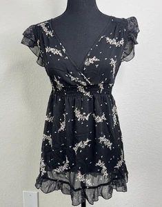 Y2K Charlotte Russe Sheer Babydoll Top M Sheer Milkmaid Whimsy Flowy Fairy - Picture 1 of 5