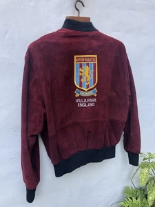 Vintage 90s Aston Villa Suede Leather Bomber Jacket Medium Claret Embroidered - Picture 1 of 24