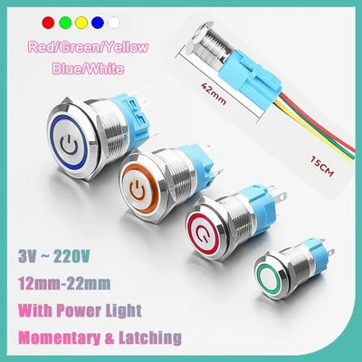 Metal Pushbutton Switch 12-22mm with Power Light Momentary Latching 3-24V/220V - Image 1 of 4