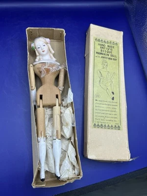 ANTIGUA Muñeca Bisque Hecha a Mano con Brazos y Piernas Articulados de Madera IOB SHACKMAN NY 9.5" Foto 1 de 4