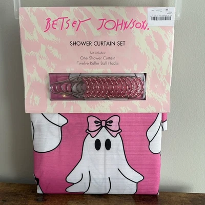 New Betsey Johnson Pink White Ghosts Bow Cute Fabric Shower Curtain Set Hooks - Image 1 of 3