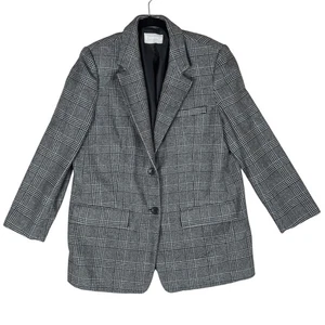 Everlane Blazer Womens 10 Gray Black Glen Plaid Wool Blend 2 Button Notch Lapel - Picture 1 of 20