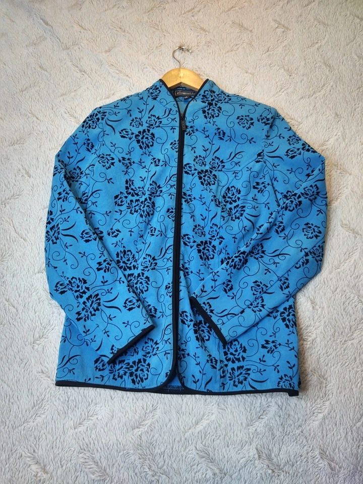 Elementz S Blue Flocked Floral Zip Up Blazer Collarless Jacket - Image 1 of 4