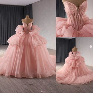 Pink Quinceanera Dresses Ruffles Glitter Tiered Sweetheart Prom Party Ball Gowns - Foto 1 di 11