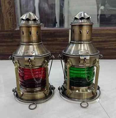 Set of 2 Antique Finish Red & Green Oil Lantern Hanging On Ship Décor Nautical - Image 1 of 4