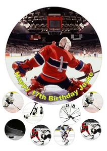 Ice Hockey edible 7.5 Inch Round Iced Icing Cake Topper +8 toppers - Picture 1 of 1