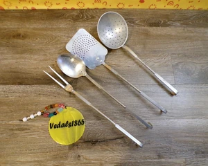 VTG Aluminum Cooking Utensil Set of 4: Spatula, Strainer Ladle, Meat Fork, Spoon - Picture 1 of 20