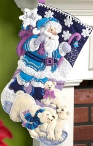 DIY Bucilla Arctic Santa Christmas Polar Bears Purple Felt Stocking Kit - Picture 1 of 3